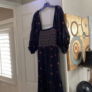 Free People maxi boho dress, navy with rust flowers